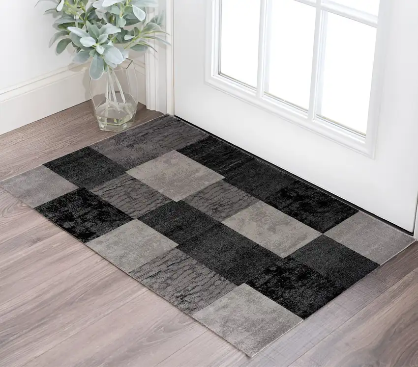 Gray and Black Geometric Washable Non Skid Area Rug Photo 1