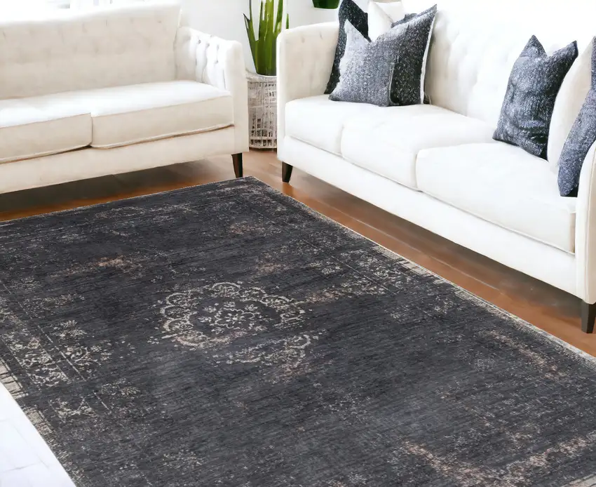 Gray and Black Medallion Non Skid Area Rug Photo 1