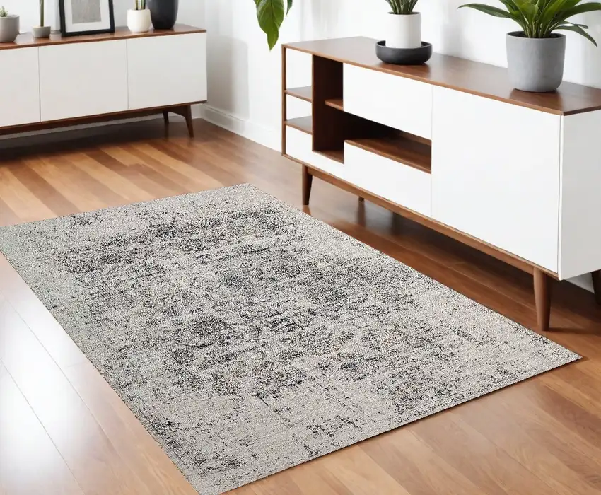 Gray and Black Oriental Power Loom Distressed Area Rug Photo 1