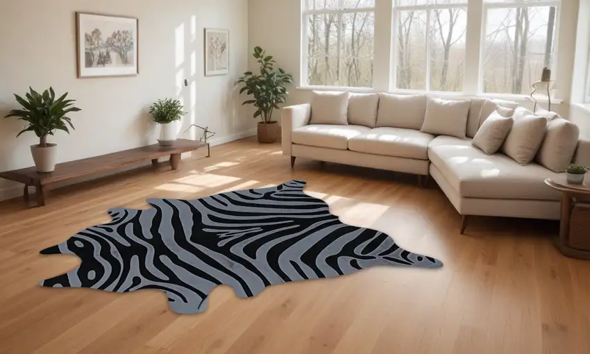 Gray and Black Zebra Print Genuine Cowhide Area Rug Photo 1