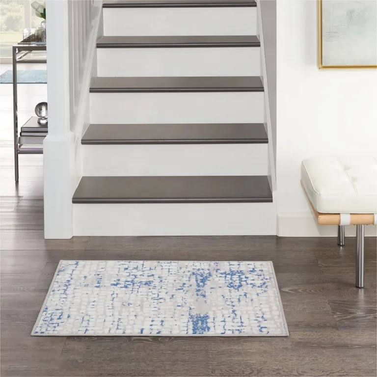 Gray and Blue Abstract Grids Area Rug Photo 2