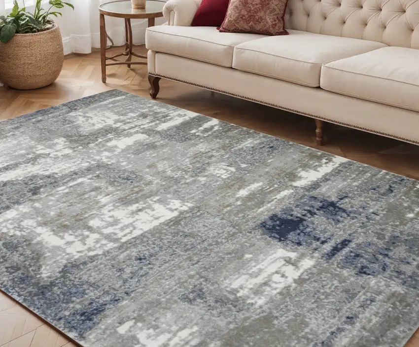 Ivory Navy and Gray Abstract Power Loom Area Rug Photo 1