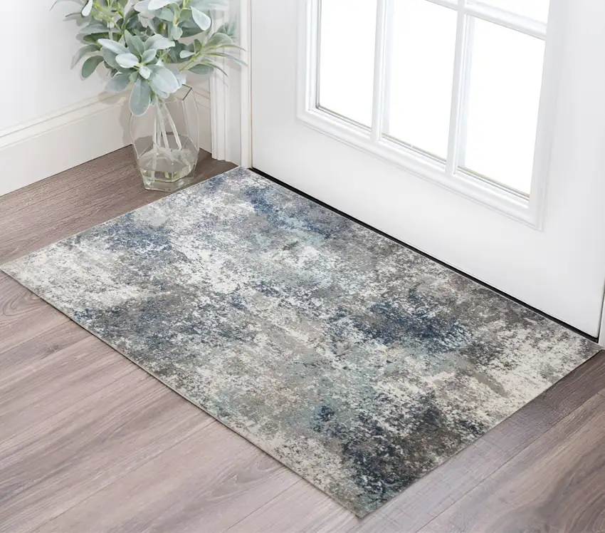 Ivory Blue and Gray Abstract Power Loom Area Rug Photo 1