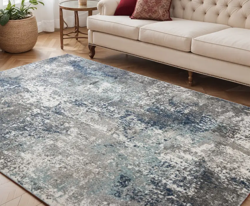 Ivory Blue and Gray Abstract Power Loom Area Rug Photo 1