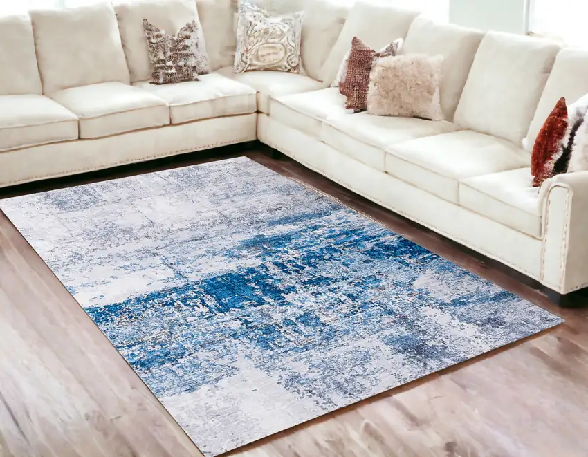 Gray and Blue Abstract Printed Washable Non Skid Area Rug Photo 2