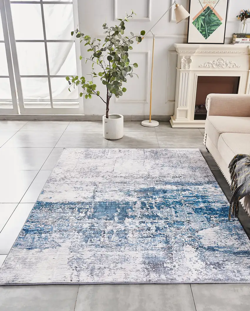Gray and Blue Abstract Printed Washable Non Skid Area Rug Photo 9