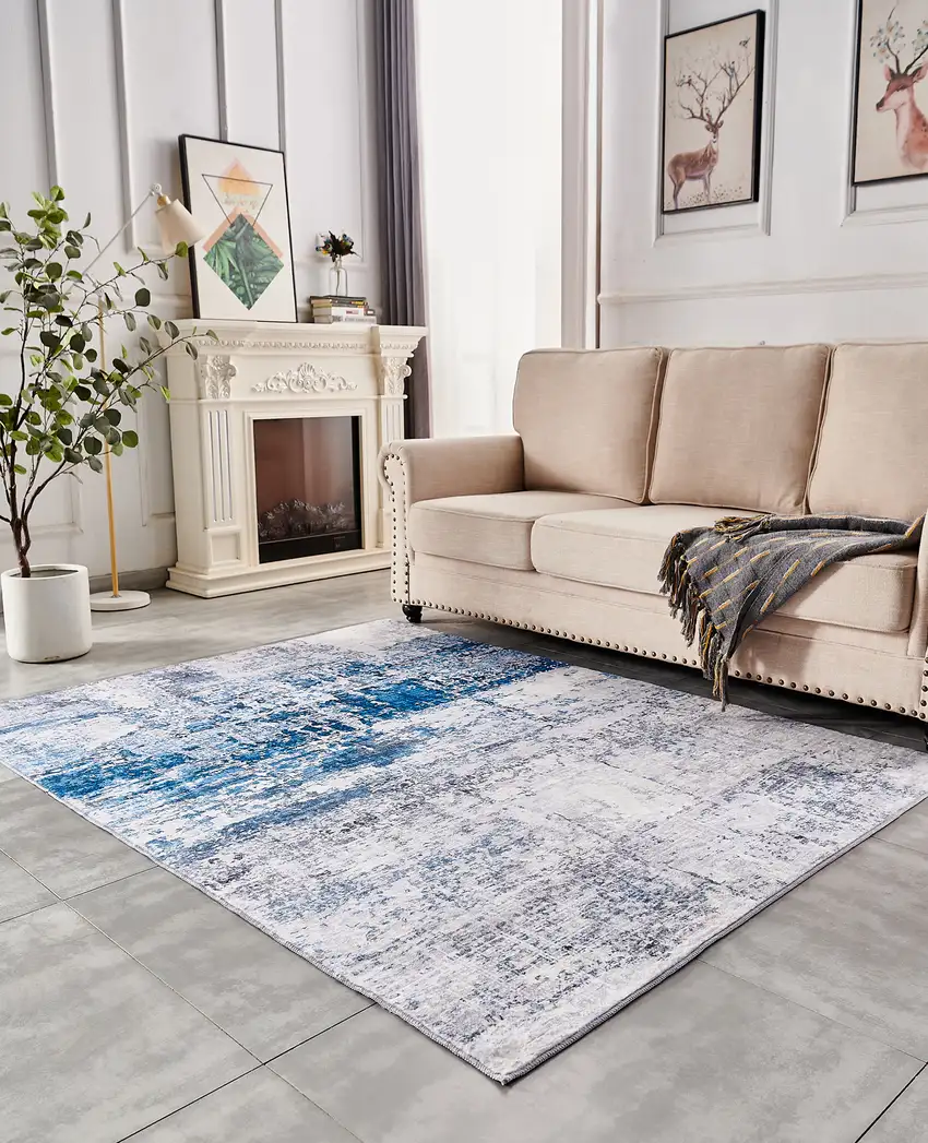 Gray and Blue Abstract Shag Printed Washable Non Skid Area Rug Photo 9