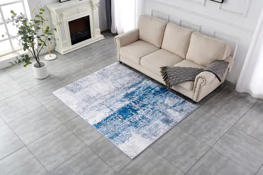 Gray and Blue Abstract Shag Printed Washable Non Skid Area Rug Photo 9