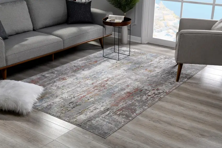 Gray and Blue Abstract Washable Non Skid Area Rug Photo 9