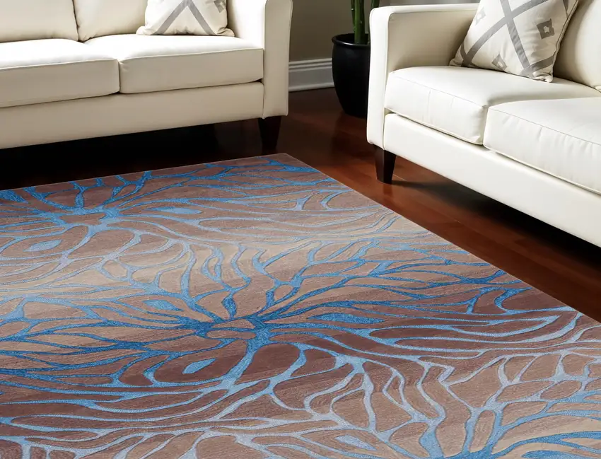 Gray and Blue Botanical Leaves Area Rug Photo 1