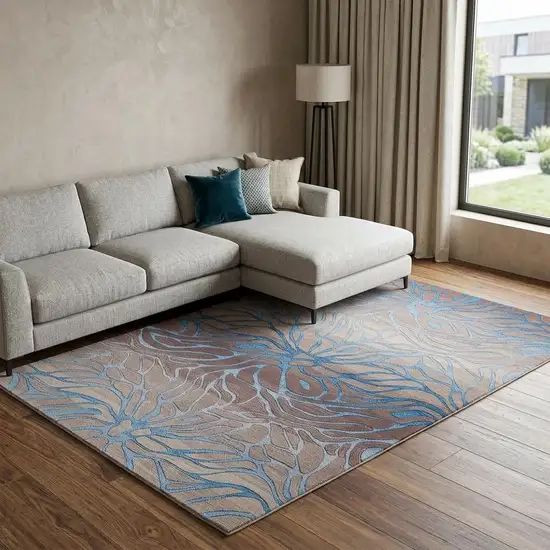 Gray and Blue Botanical Leaves Area Rug Photo 1