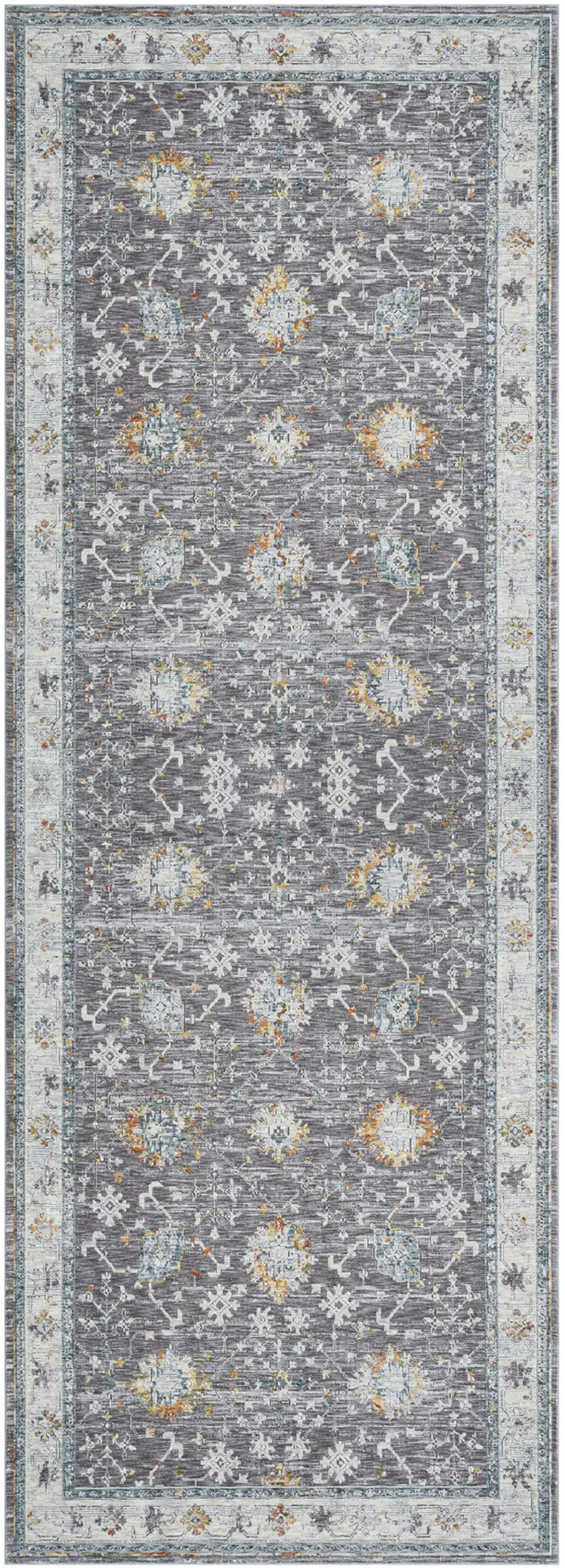 Gray and Blue Floral Distressed Runner Rug Photo 2