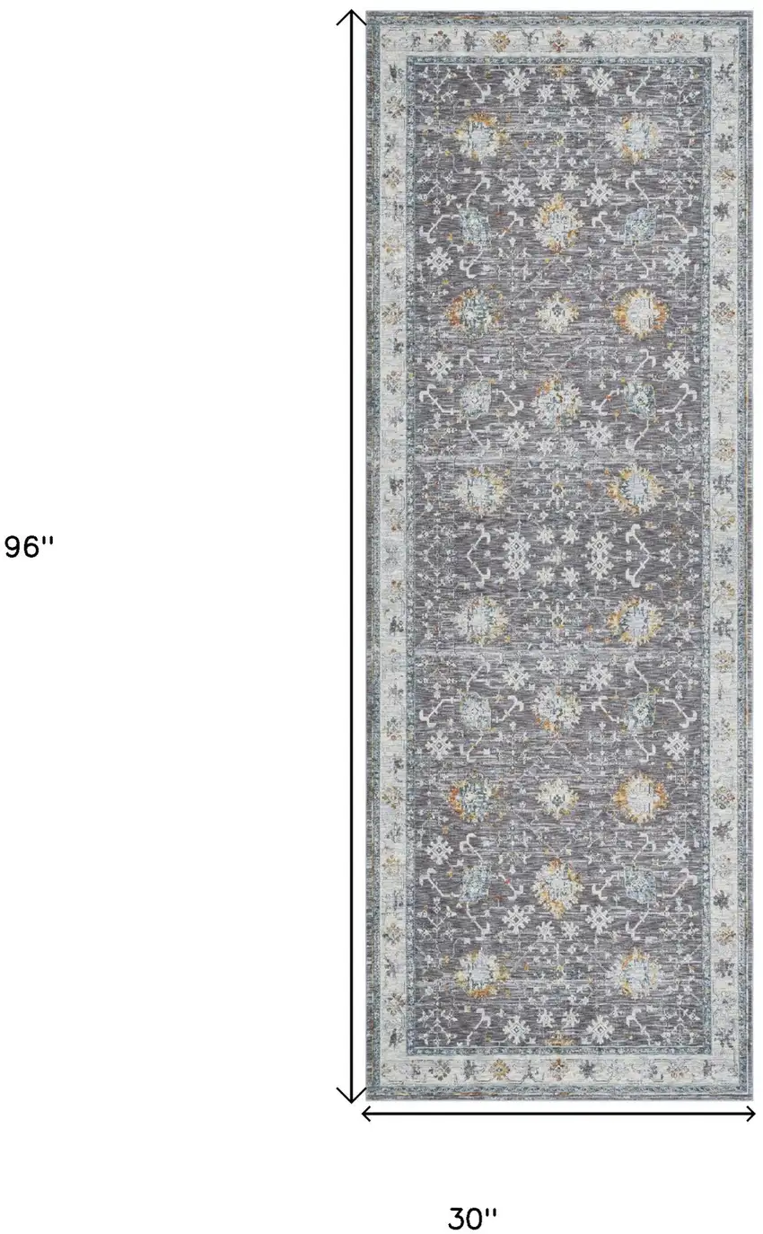 Gray and Blue Floral Distressed Runner Rug Photo 3