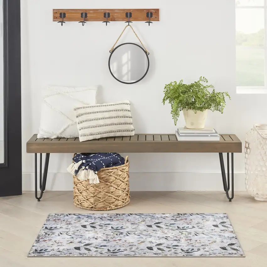 Gray and Blue Floral Power Loom Washable Non Skid Area Rug Photo 5