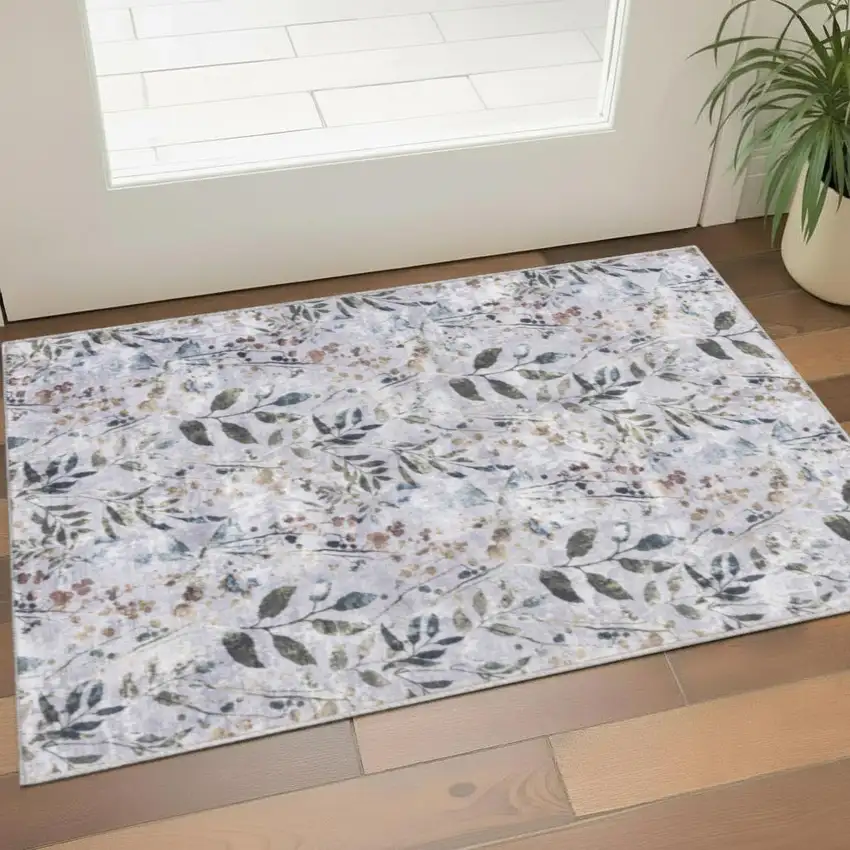 Gray and Blue Floral Power Loom Washable Non Skid Area Rug Photo 1
