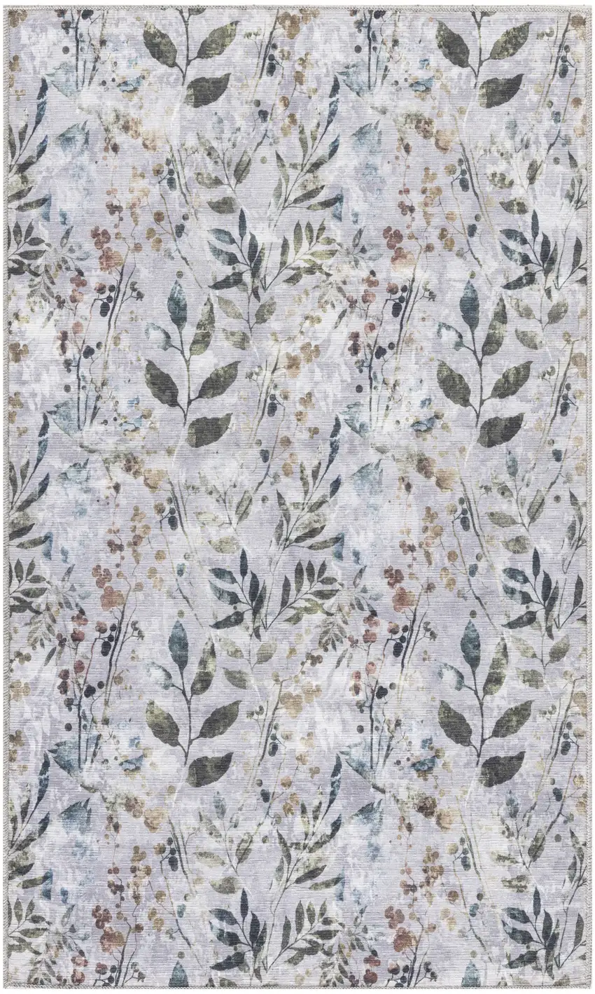 Gray and Blue Floral Power Loom Washable Non Skid Area Rug Photo 2