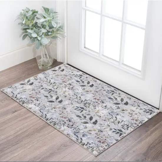 Gray and Blue Floral Power Loom Washable Non Skid Area Rug Photo 1