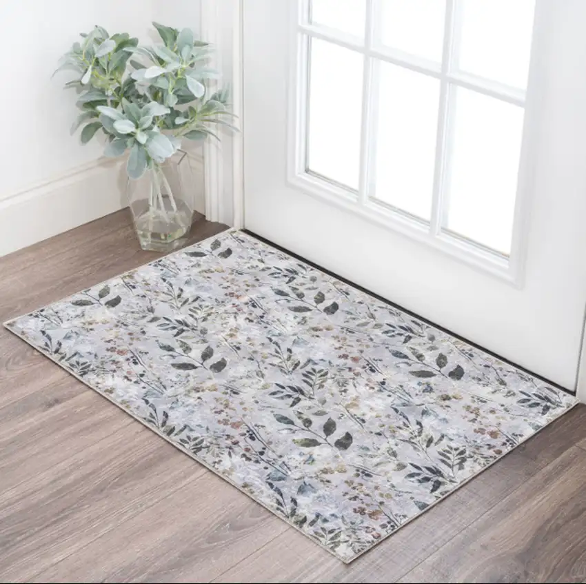 Gray and Blue Floral Power Loom Washable Non Skid Area Rug Photo 1