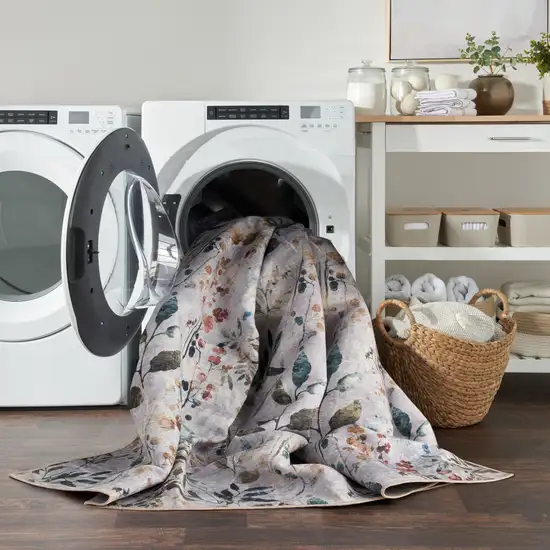 Gray and Blue Floral Power Loom Washable Non Skid Area Rug Photo 6