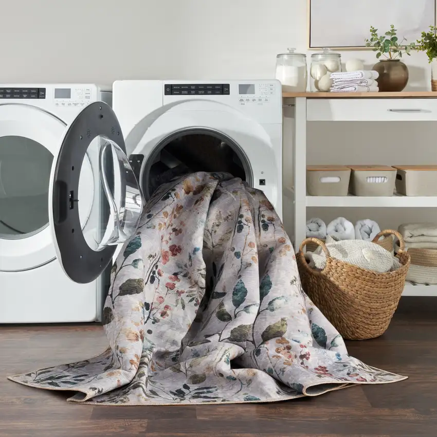 Gray and Blue Floral Power Loom Washable Non Skid Area Rug Photo 6