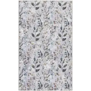 Photo of Gray and Blue Floral Power Loom Washable Non Skid Area Rug