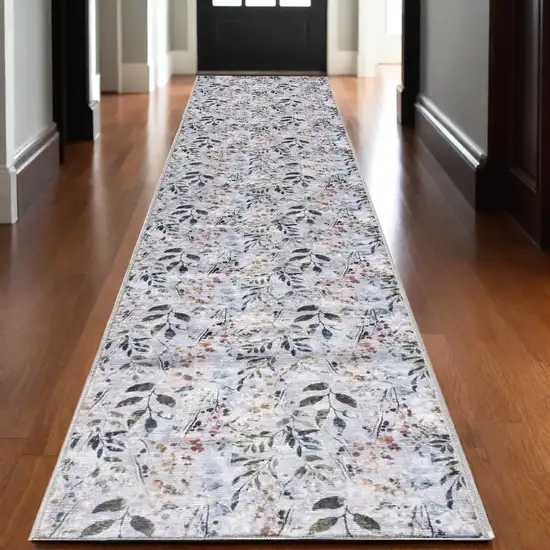 10' Gray And Blue Floral Washable Runner Rug Photo 2