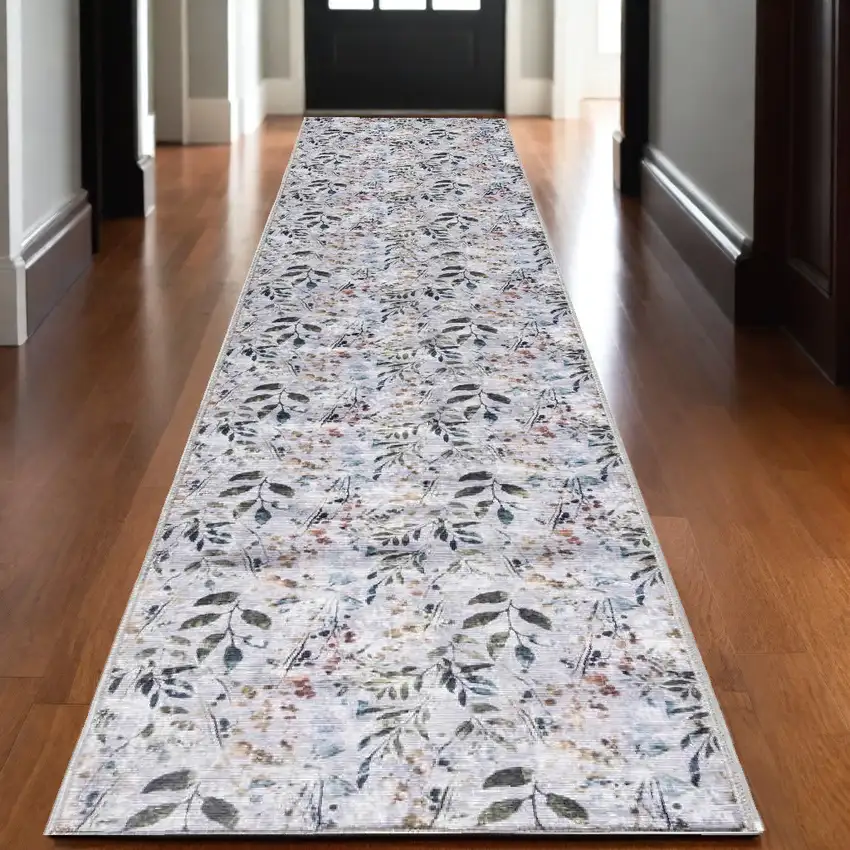 10' Gray And Blue Floral Washable Runner Rug Photo 2
