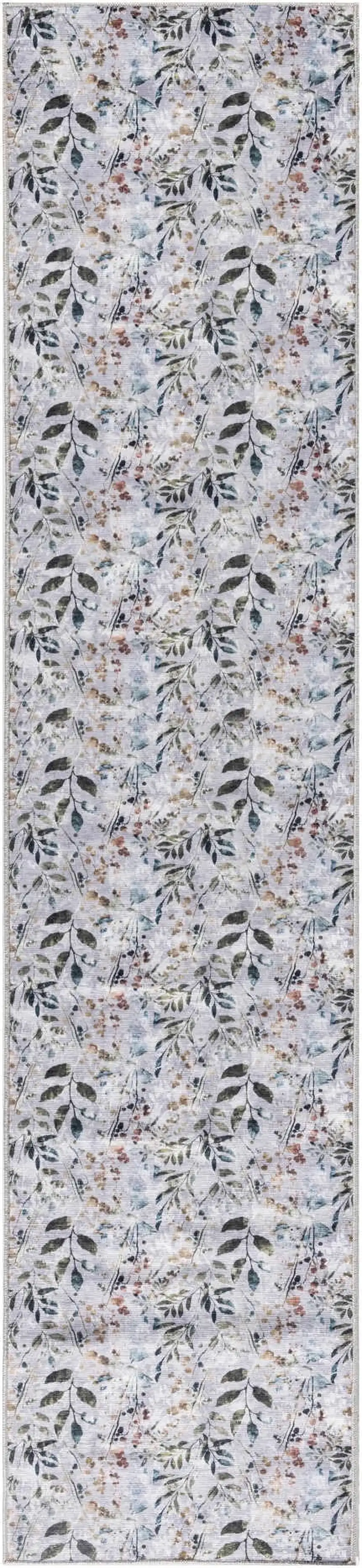 10' Gray And Blue Floral Washable Runner Rug Photo 7