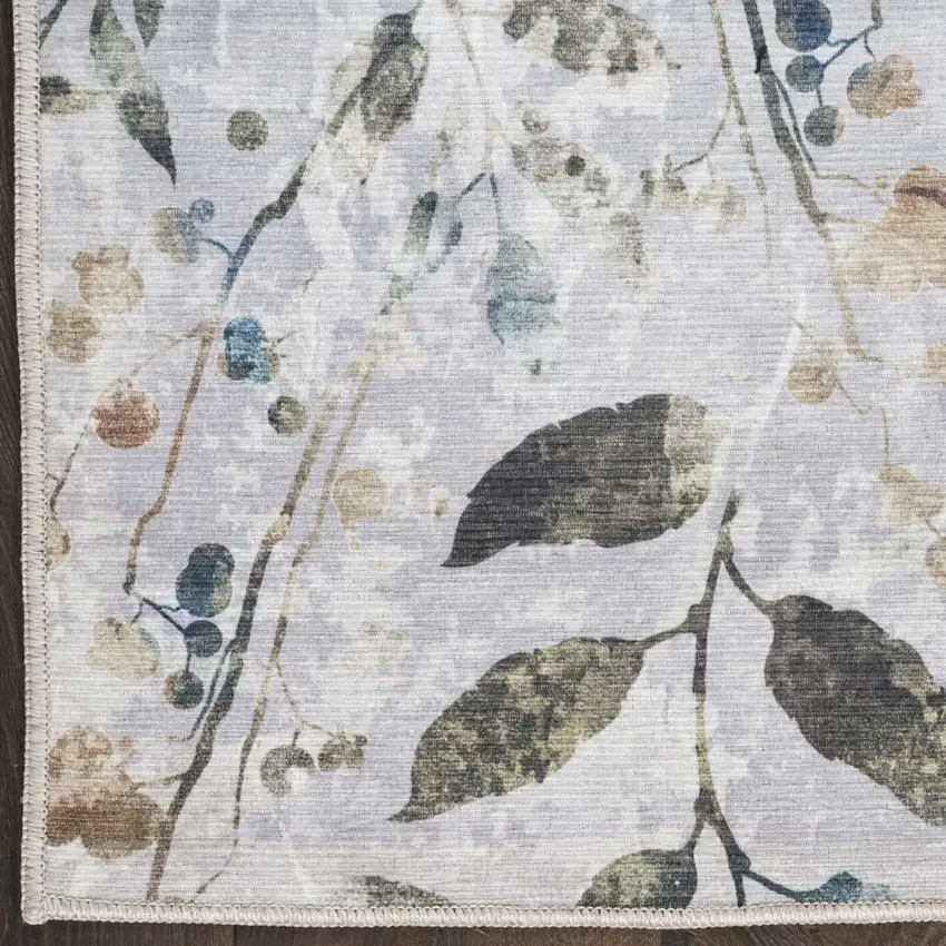 10' Gray And Blue Floral Washable Runner Rug Photo 9