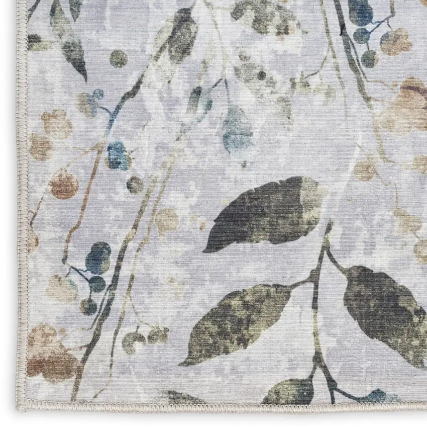 8' Gray And Blue Floral Washable Runner Rug Photo 8
