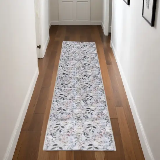 Gray and Blue Floral Power Loom Washable Non Skid Runner Rug Photo 1