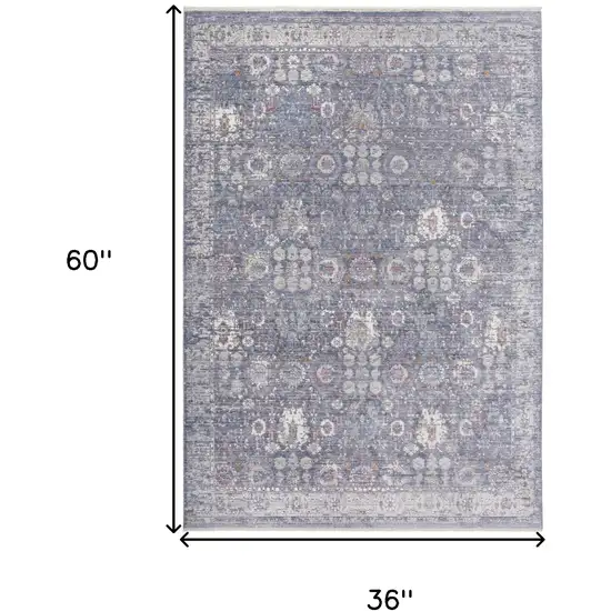 Gray and Blue Floral Power Loom Worn Faded Area Rug With Fringe Photo 3