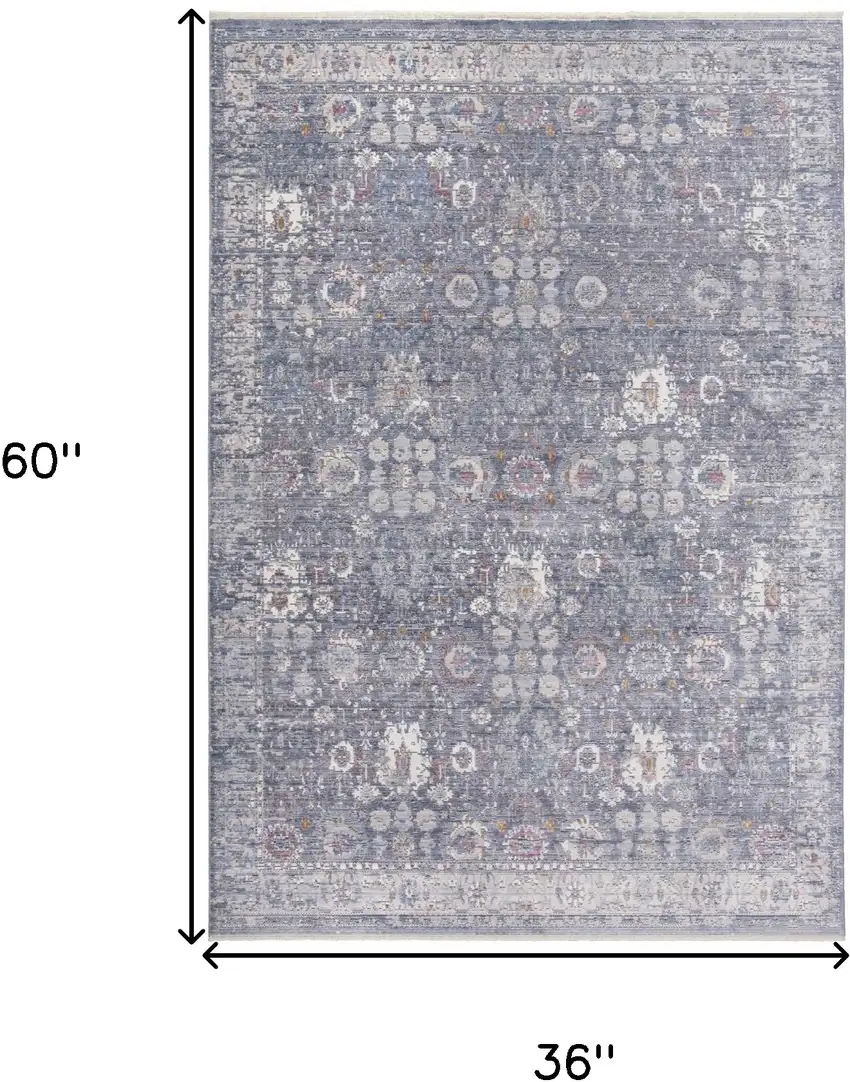 Gray and Blue Floral Power Loom Worn Faded Area Rug With Fringe Photo 3