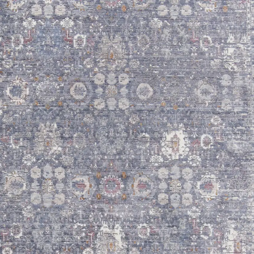 Gray and Blue Floral Power Loom Worn Faded Area Rug With Fringe Photo 8