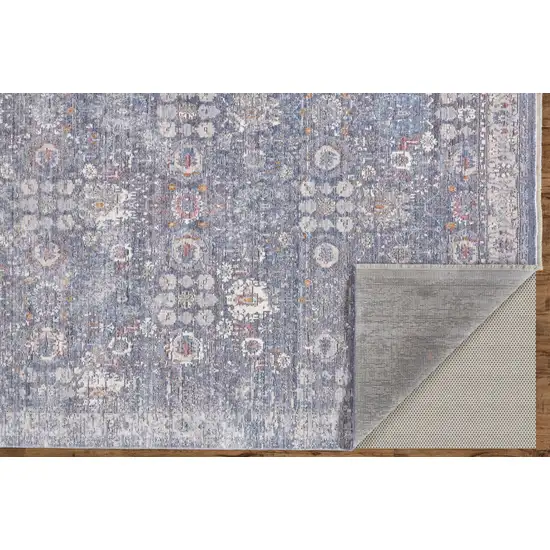 Gray and Blue Floral Power Loom Worn Faded Area Rug With Fringe Photo 7