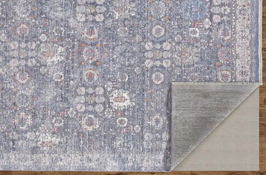 Gray and Blue Floral Power Loom Worn Faded Area Rug With Fringe Photo 7