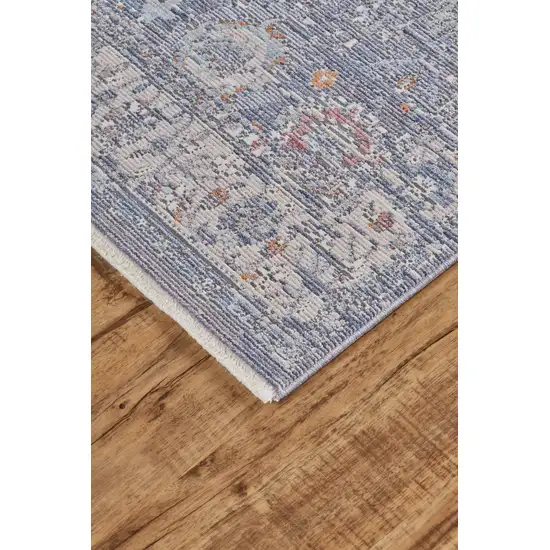 Gray and Blue Floral Power Loom Worn Faded Area Rug With Fringe Photo 9