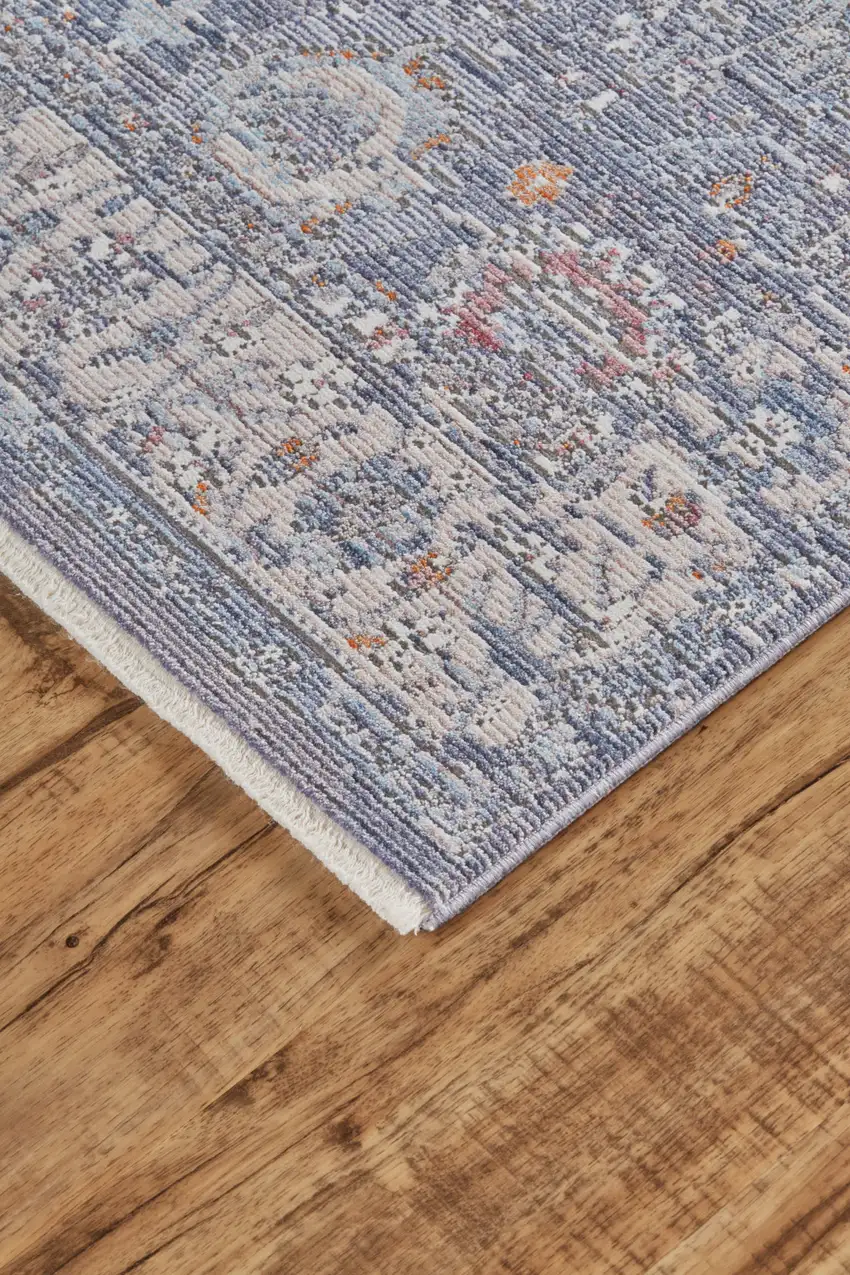 Gray and Blue Floral Power Loom Worn Faded Area Rug With Fringe Photo 9