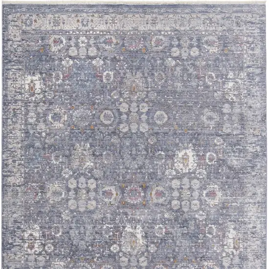 Gray and Blue Floral Power Loom Worn Faded Area Rug With Fringe Photo 4