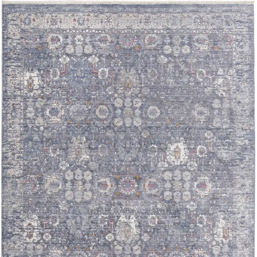 Gray and Blue Floral Power Loom Worn Faded Area Rug With Fringe Photo 4