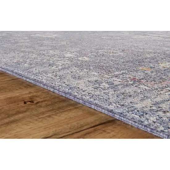 Gray and Blue Floral Power Loom Worn Faded Area Rug With Fringe Photo 5