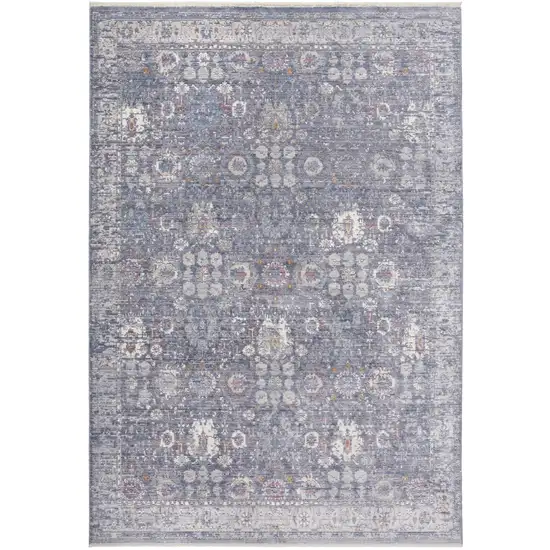 Gray and Blue Floral Power Loom Worn Faded Area Rug With Fringe Photo 2