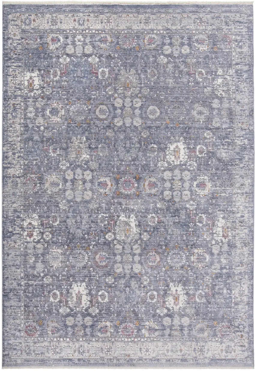 Gray and Blue Floral Power Loom Worn Faded Area Rug With Fringe Photo 2