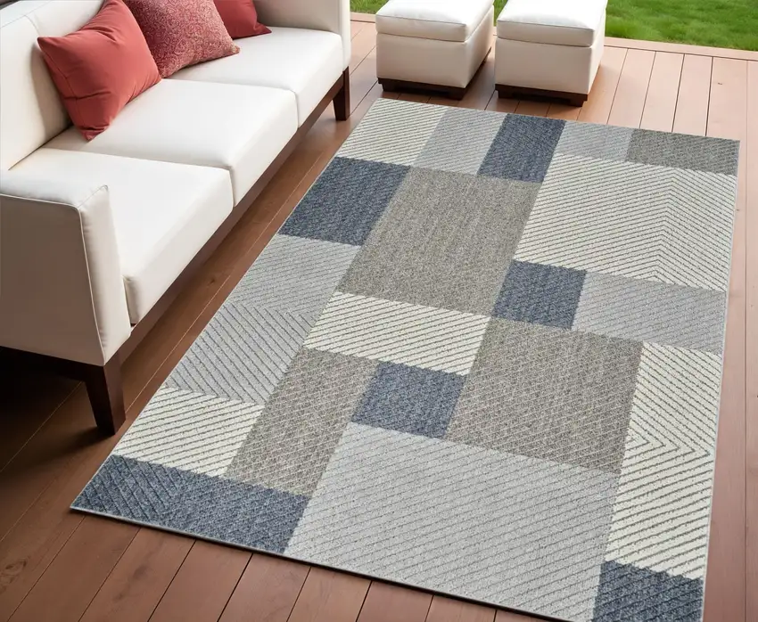 Gray and Blue Geometric Distressed Indoor Outdoor Area Rug Photo 1