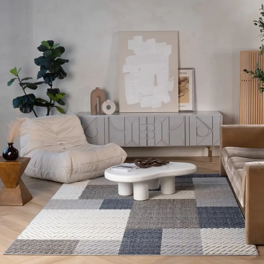 Gray and Blue Geometric Distressed Indoor Outdoor Area Rug Photo 8