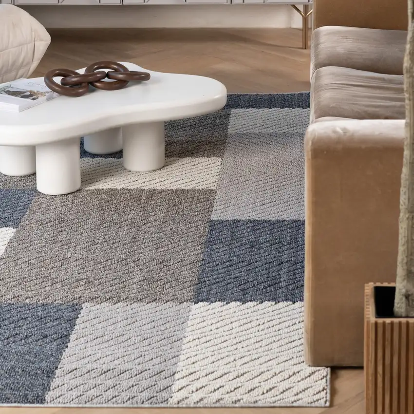 Gray and Blue Geometric Distressed Indoor Outdoor Area Rug Photo 9