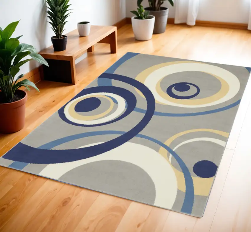 Gray and Blue Geometric Power Loom Area Rug Photo 1
