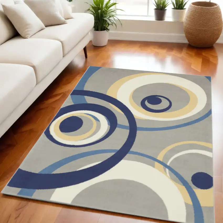 Gray and Blue Geometric Power Loom Area Rug Photo 1