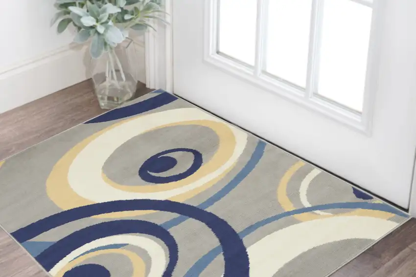 Gray and Blue Geometric Power Loom Area Rug Photo 1