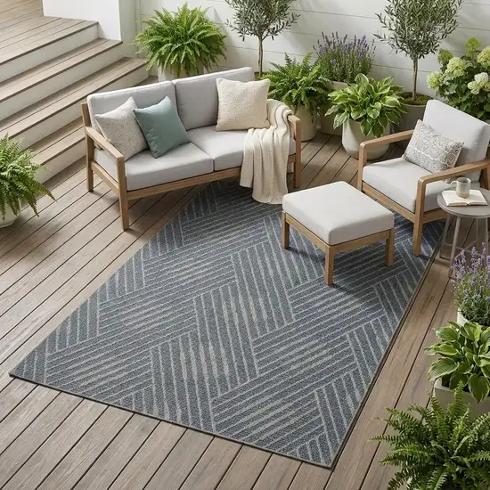 Gray and Blue Geometric Stain Resistant Indoor Outdoor Area Rug Photo 1